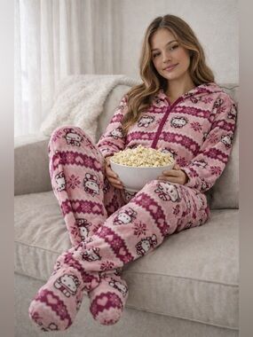 Hello Kitty Pink Fleece Footed Onesie Pajamas Women’s Medium Hooded Cozy Sanrio